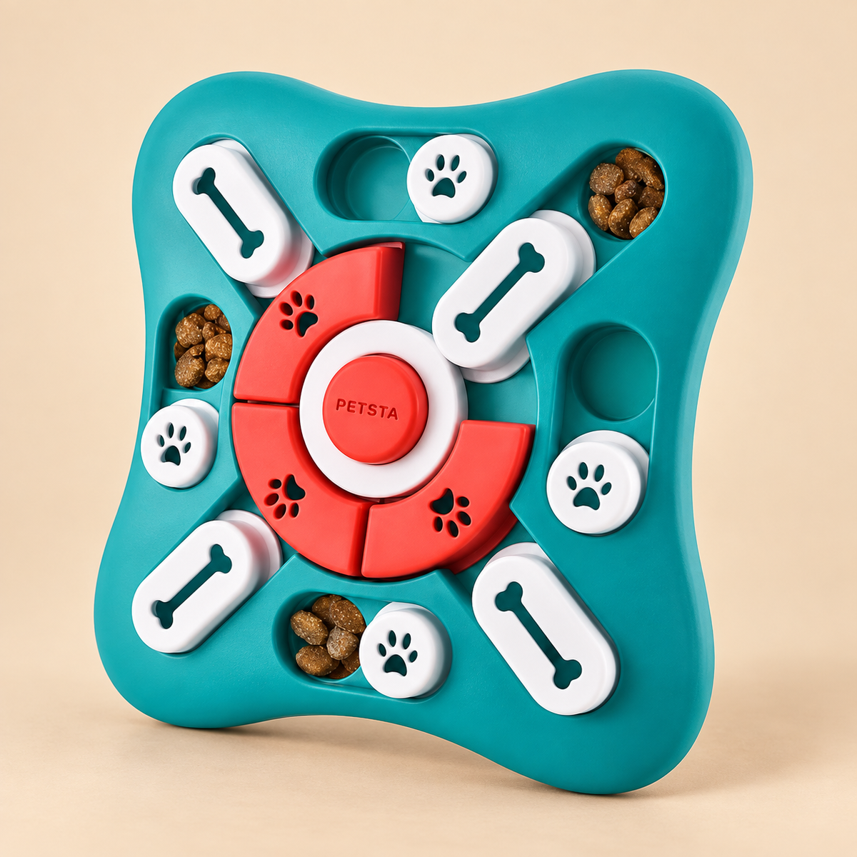Teal and coral interactive pet puzzle toy on warm beige background