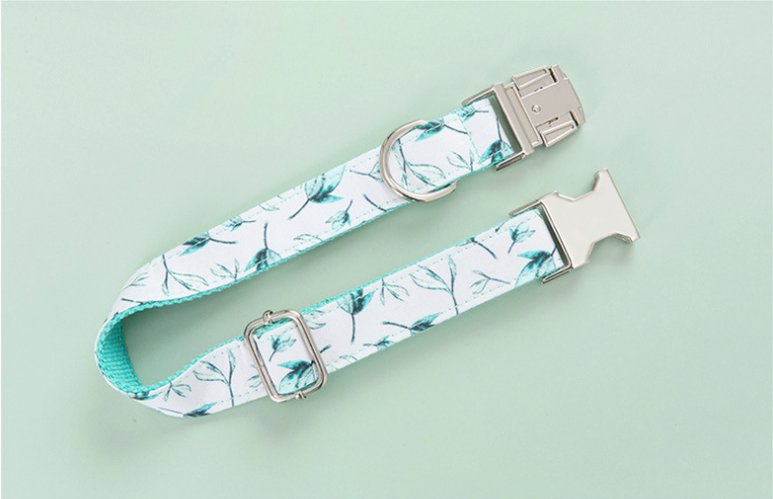 Dog and Cat Collar Set with Bowtie and Tropical Leaves