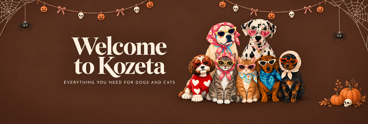 Kozeta pets with Halloween cobwebs, spiders, pumpkins and skull garlands