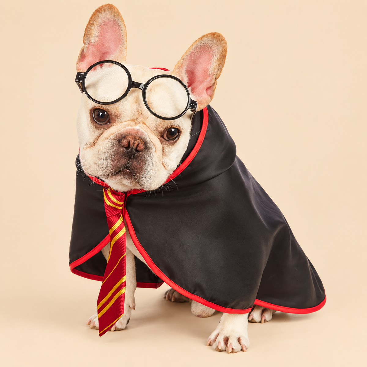Dog wearing a Harry Potter-inspired costume on a warm beige background